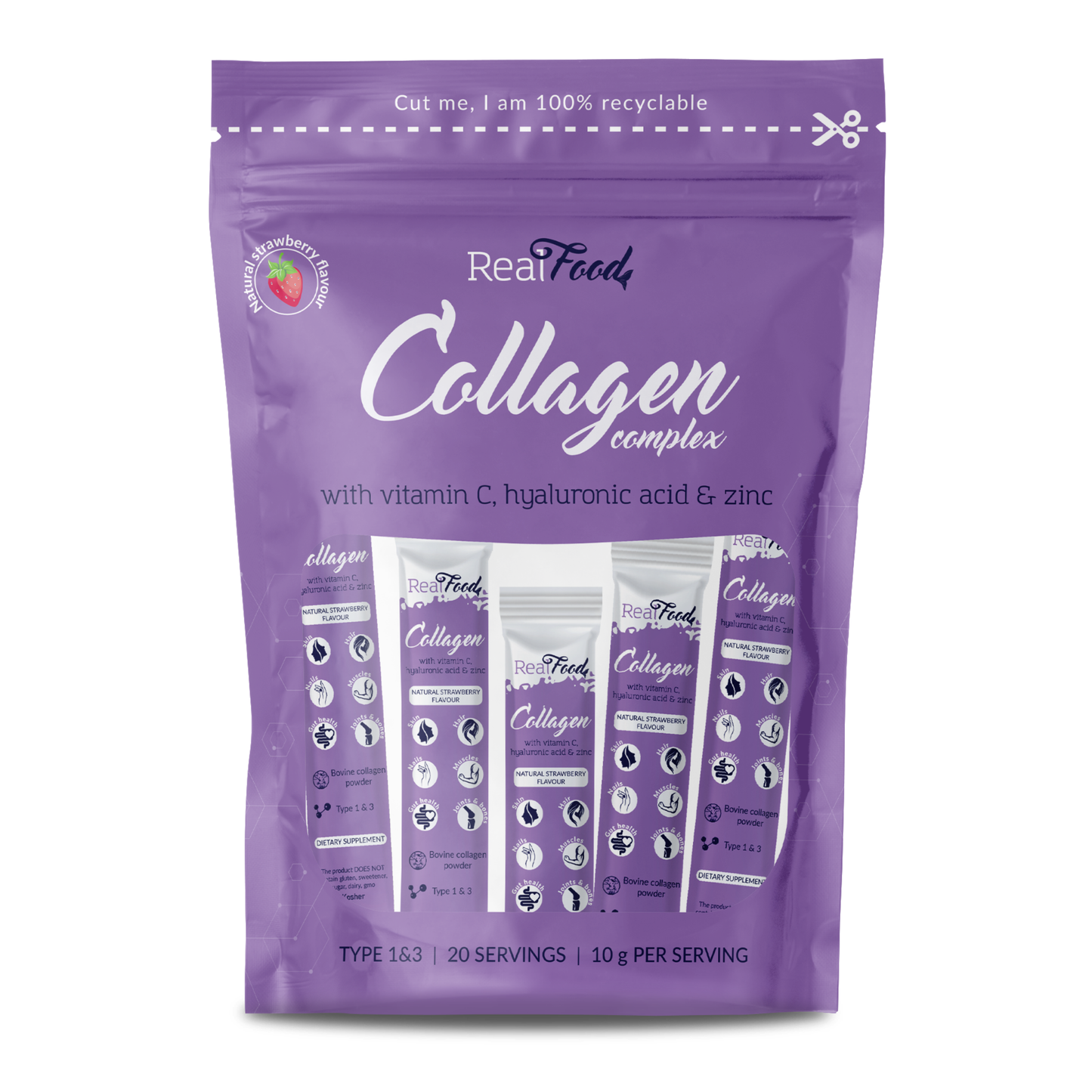 RealFood Collagen Complex  с вит. Ц, хиалуронова киселина и цинк – 20 броя стиксове